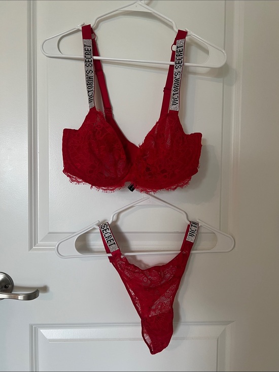 Victoria's Secret Other - Victoria's Secret Red Lace Underwire Bra & Thong Set with Branded Straps